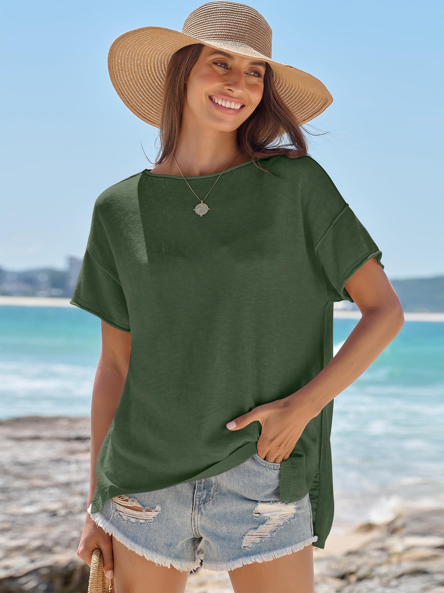 LUNIRO Women's Oversized T Shirts Casual Summer Crew Neck Loose Dropped Short Sleeve Side Slit Hem Blouse Sweater Top