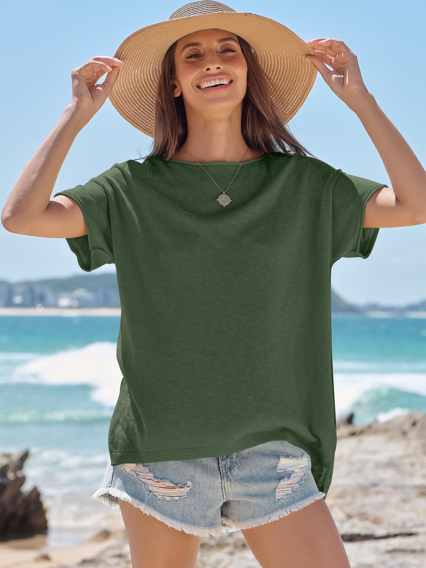 LUNIRO Women's Oversized T Shirts Casual Summer Crew Neck Loose Dropped Short Sleeve Side Slit Hem Blouse Sweater Top