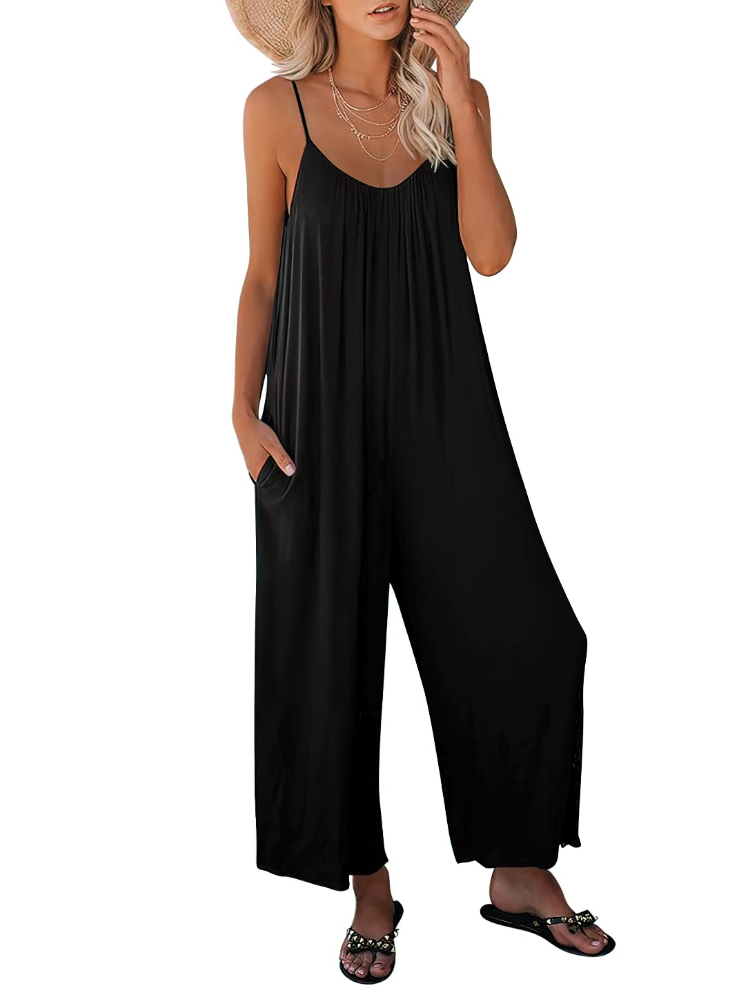 LUNIRO Women Summer Casual Sleeveless Spaghetti Strap Boho Wide Leg Jumpsuits Rompers Dressy 2024 Trendy Outfits Clothes