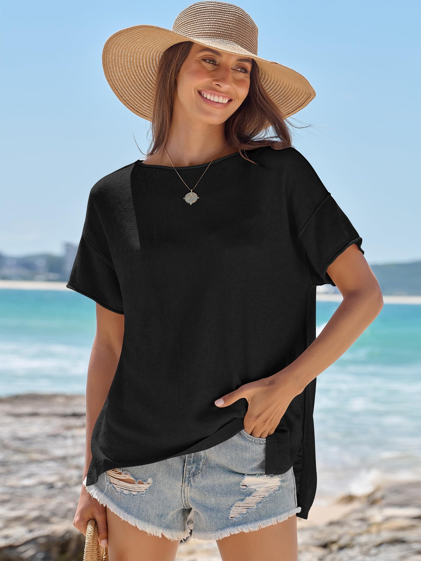 LUNIRO Women's Oversized T Shirts Casual Summer Crew Neck Loose Dropped Short Sleeve Side Slit Hem Blouse Sweater Top