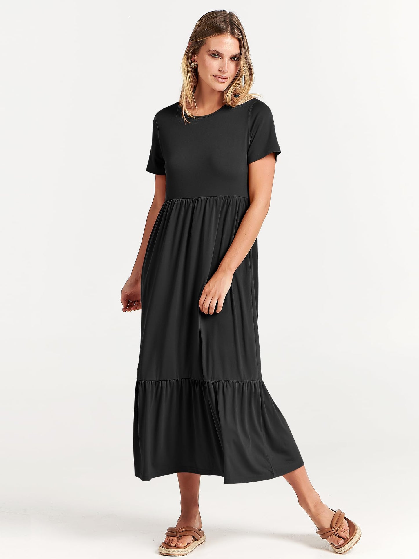 Luniro Women Summer Casual Short Sleeve Crewneck Aline Swing Flowy Tiered Shirt Maxi Beach Long Dress 2024 Trendy Outfits