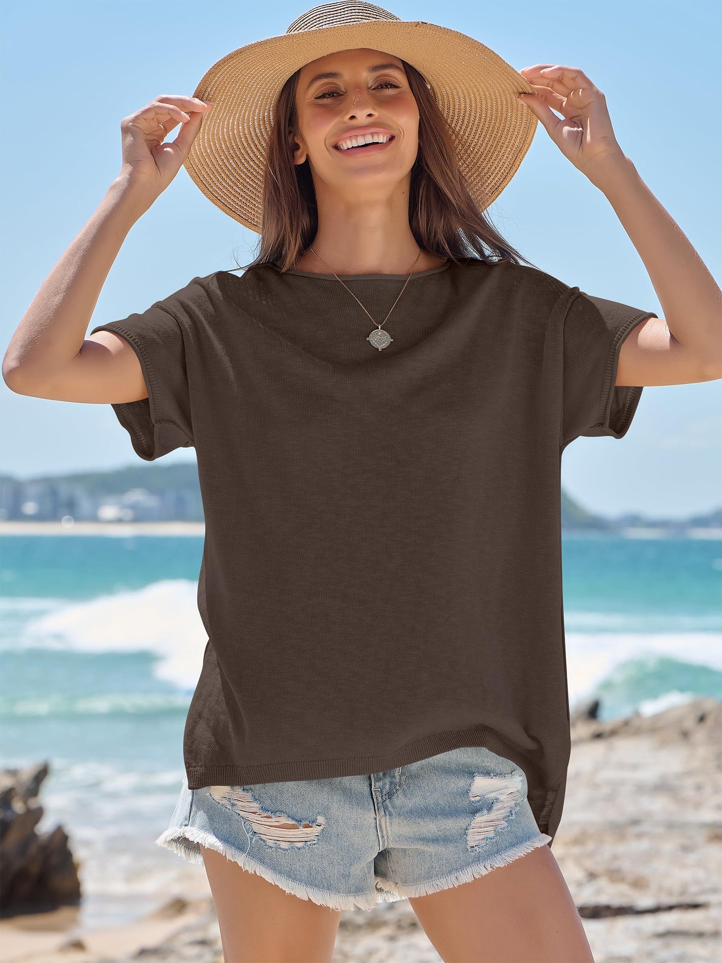 LUNIRO Women's Oversized T Shirts Casual Summer Crew Neck Loose Dropped Short Sleeve Side Slit Hem Blouse Sweater Top