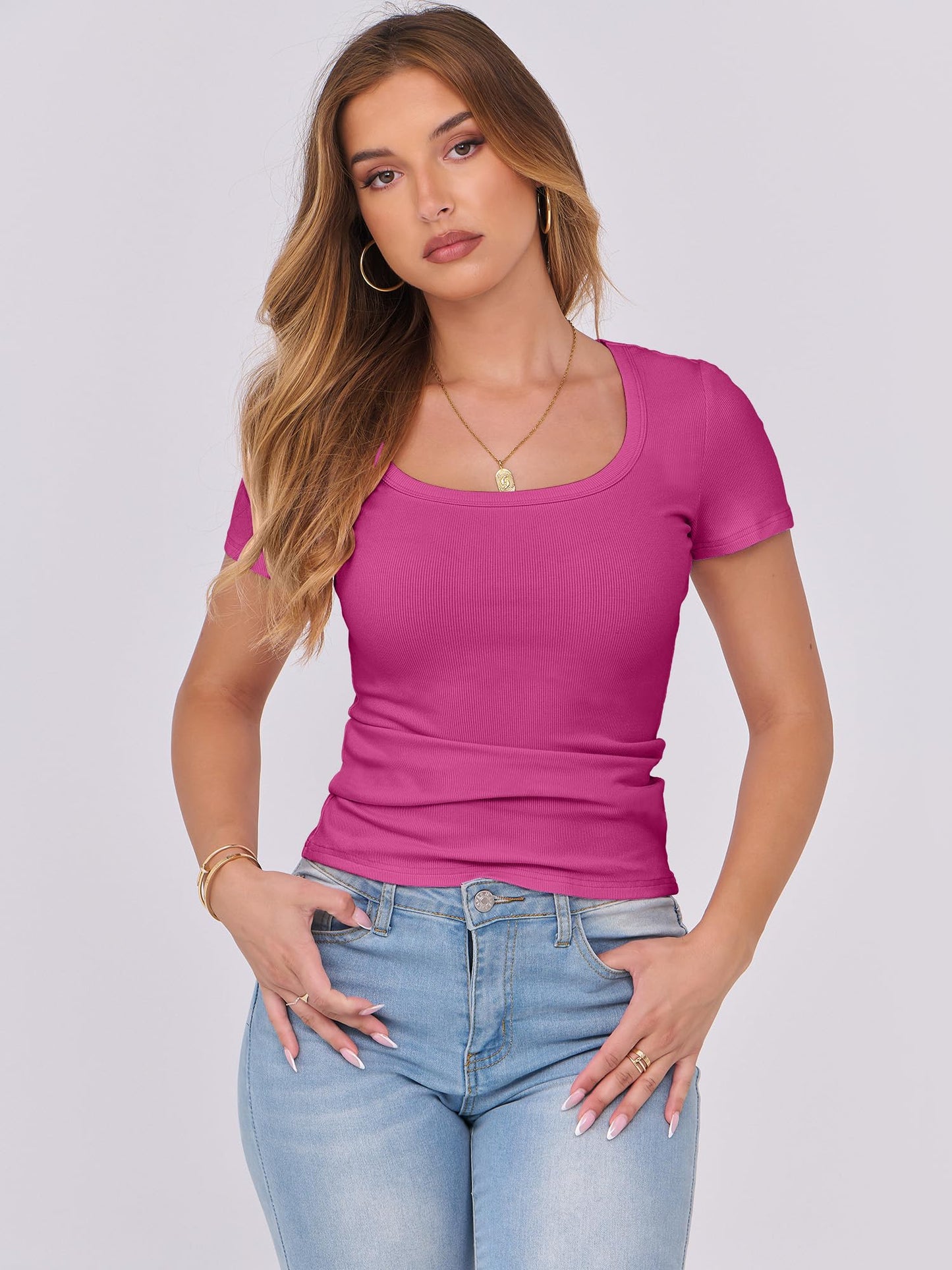 LUNIRO Women's Short Sleeve Tops Casual Scoop Neck Ribbed Knit Slim Fitted Basic Tee Shirts 2025 Summer Trendy Outfits