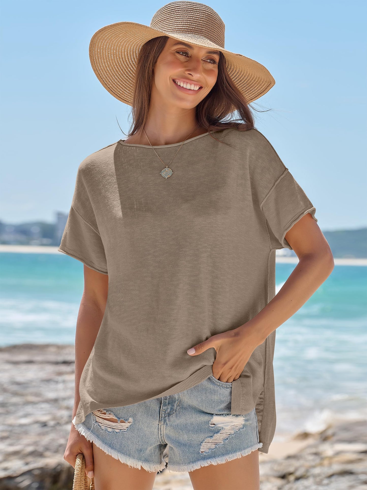 LUNIRO Women's Oversized T Shirts Casual Summer Crew Neck Loose Dropped Short Sleeve Side Slit Hem Blouse Sweater Top