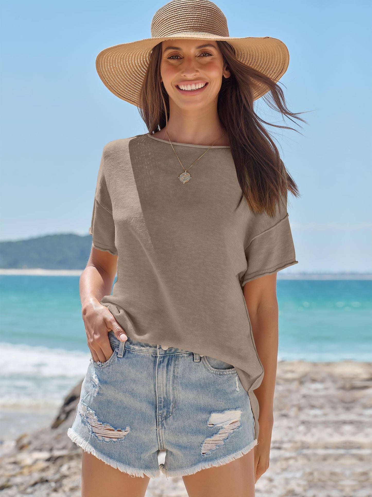 LUNIRO Women's Oversized T Shirts Casual Summer Crew Neck Loose Dropped Short Sleeve Side Slit Hem Blouse Sweater Top