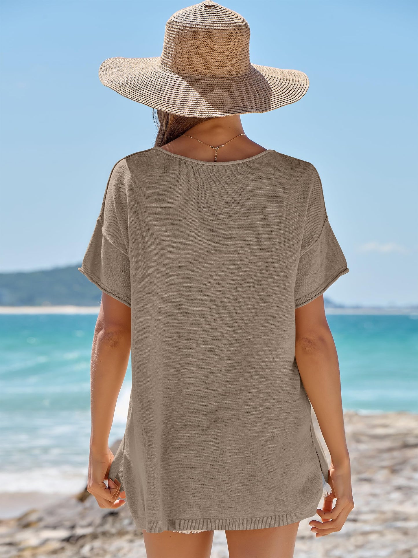 LUNIRO Women's Oversized T Shirts Casual Summer Crew Neck Loose Dropped Short Sleeve Side Slit Hem Blouse Sweater Top