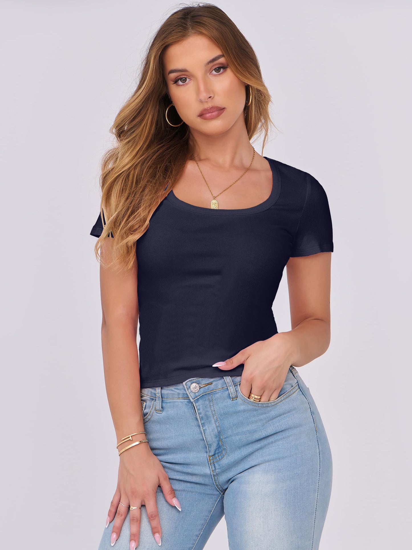 LUNIRO Women's Short Sleeve Tops Casual Scoop Neck Ribbed Knit Slim Fitted Basic Tee Shirts 2025 Summer Trendy Outfits