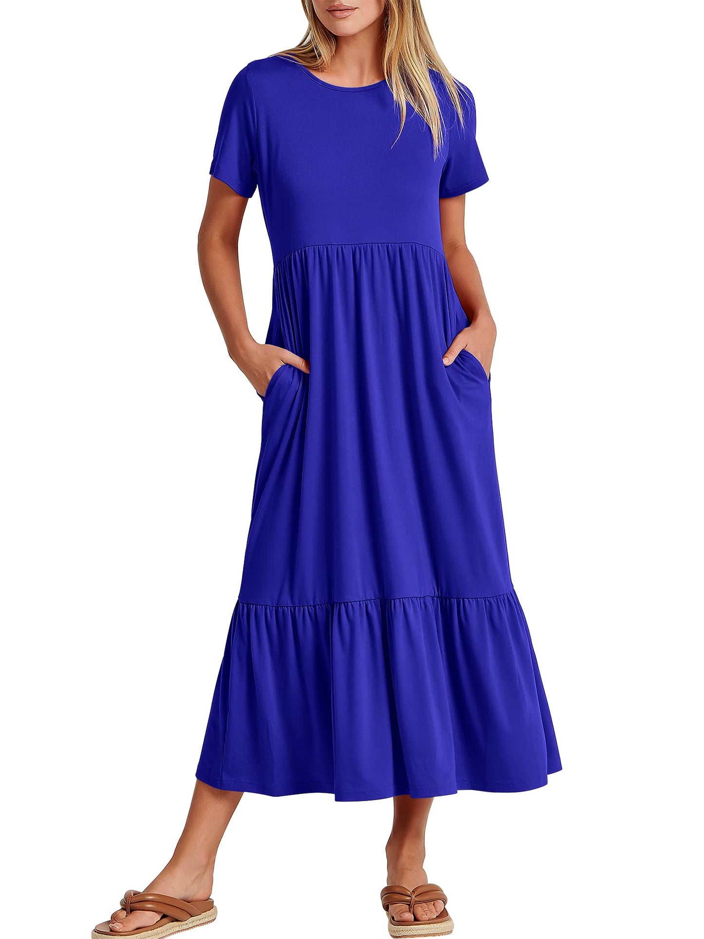 Luniro Women Summer Casual Short Sleeve Crewneck Aline Swing Flowy Tiered Shirt Maxi Beach Long Dress 2024 Trendy Outfits