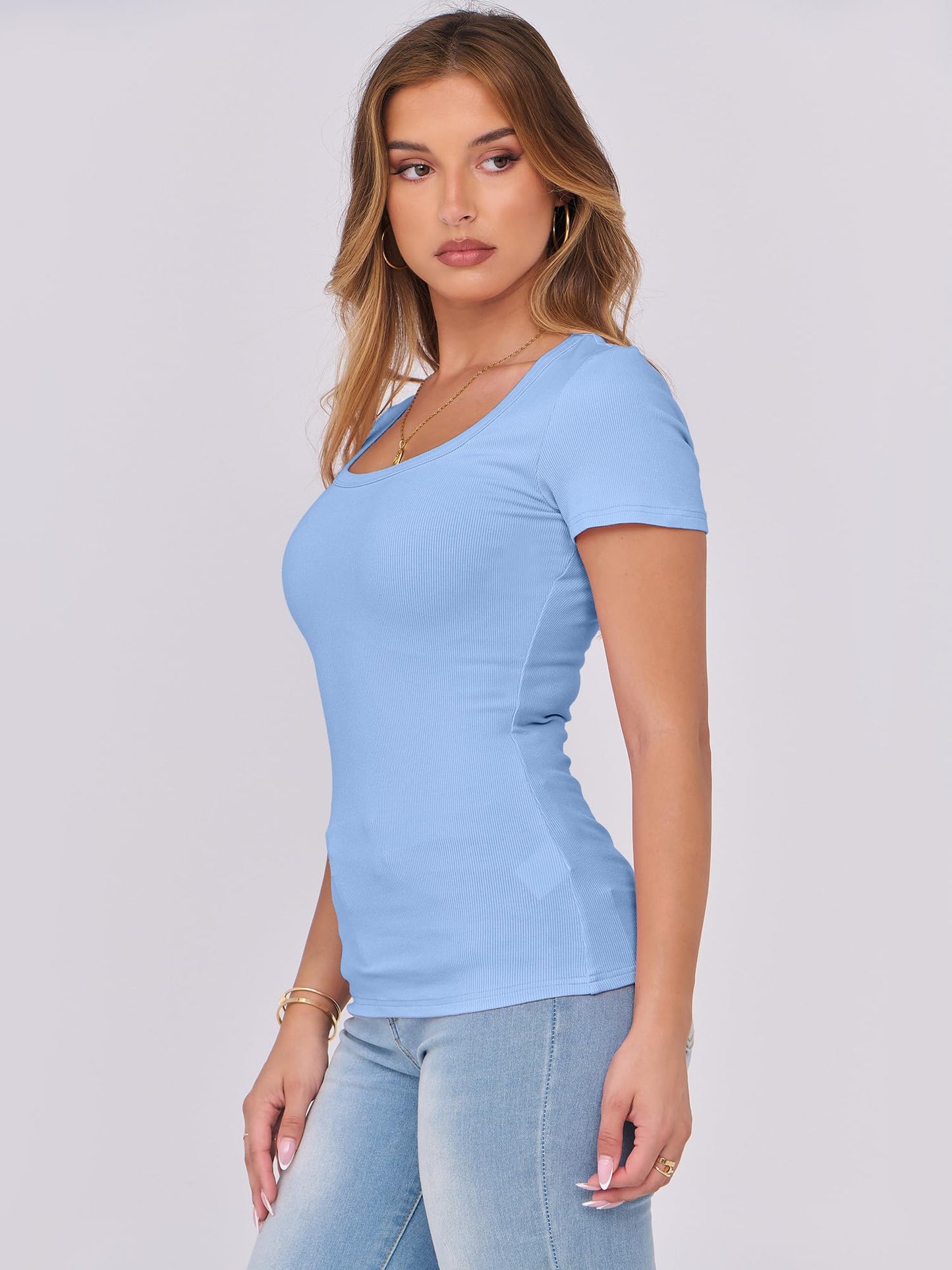 LUNIRO Women's Short Sleeve Tops Casual Scoop Neck Ribbed Knit Slim Fitted Basic Tee Shirts 2025 Summer Trendy Outfits