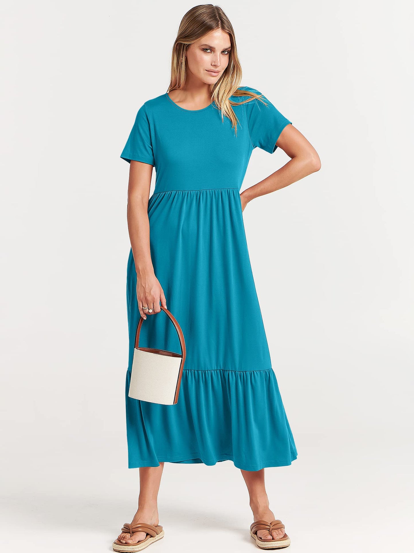 Luniro Women Summer Casual Short Sleeve Crewneck Aline Swing Flowy Tiered Shirt Maxi Beach Long Dress 2024 Trendy Outfits